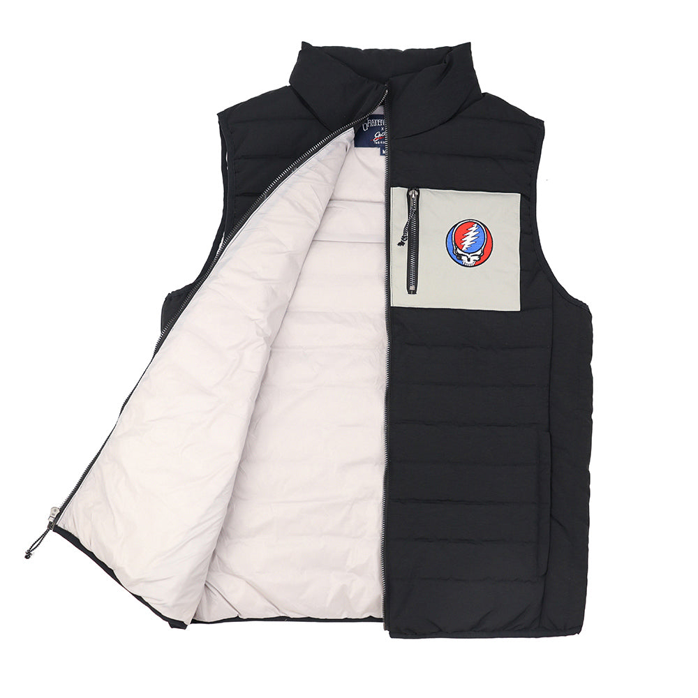 Grateful Dead Puffer Vest With Chest Pocket Stealie In Black And Grey - Section 119