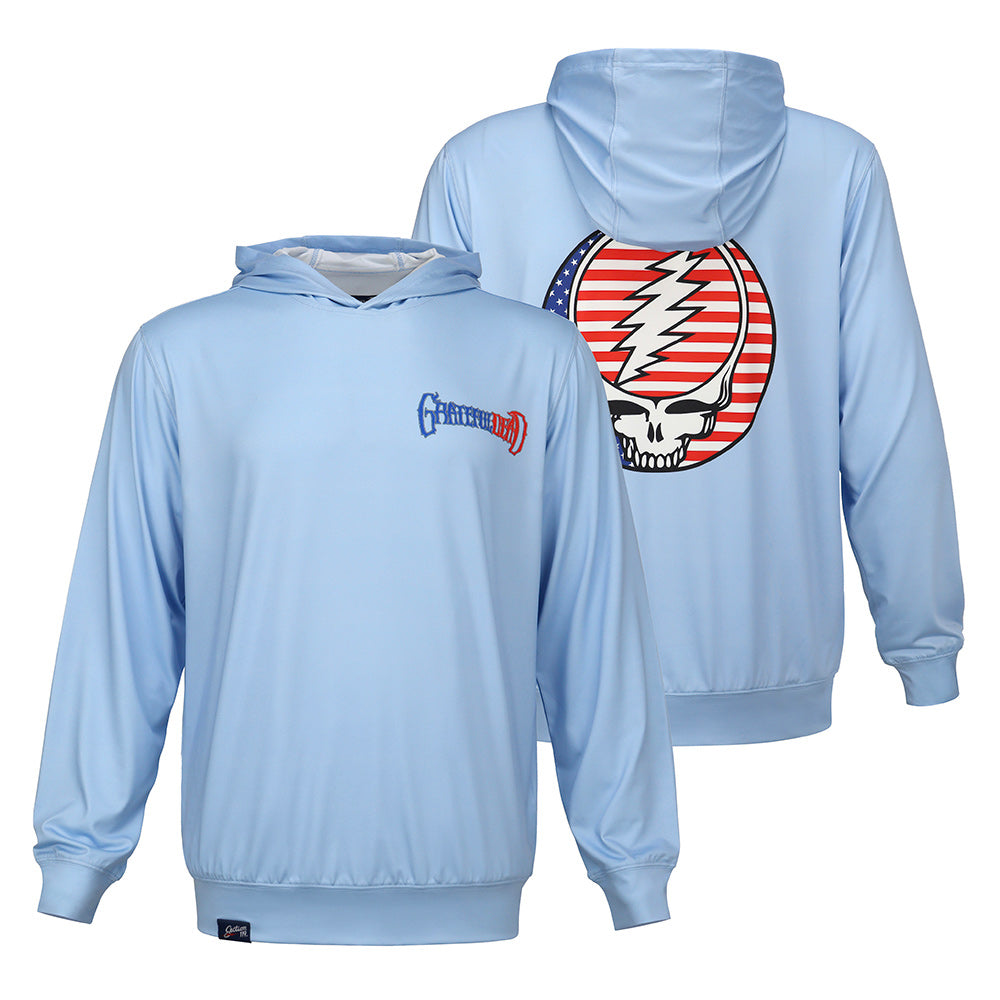 Grateful Dead Lightweight Pullover Hoodie Flag Stealie in Light Blue - Section 119
