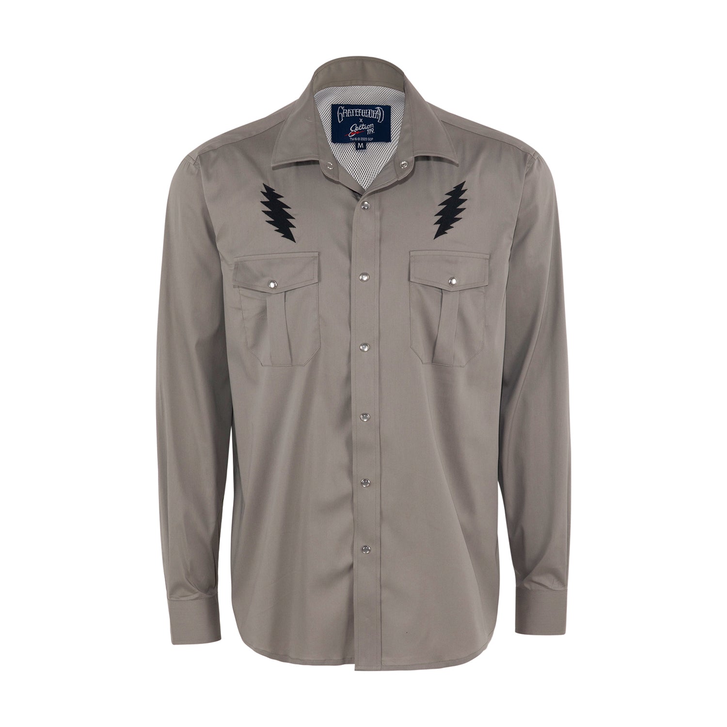 Grateful Dead Long Sleeve Snap Button Down  Grey w/ Black bolt - Section 119