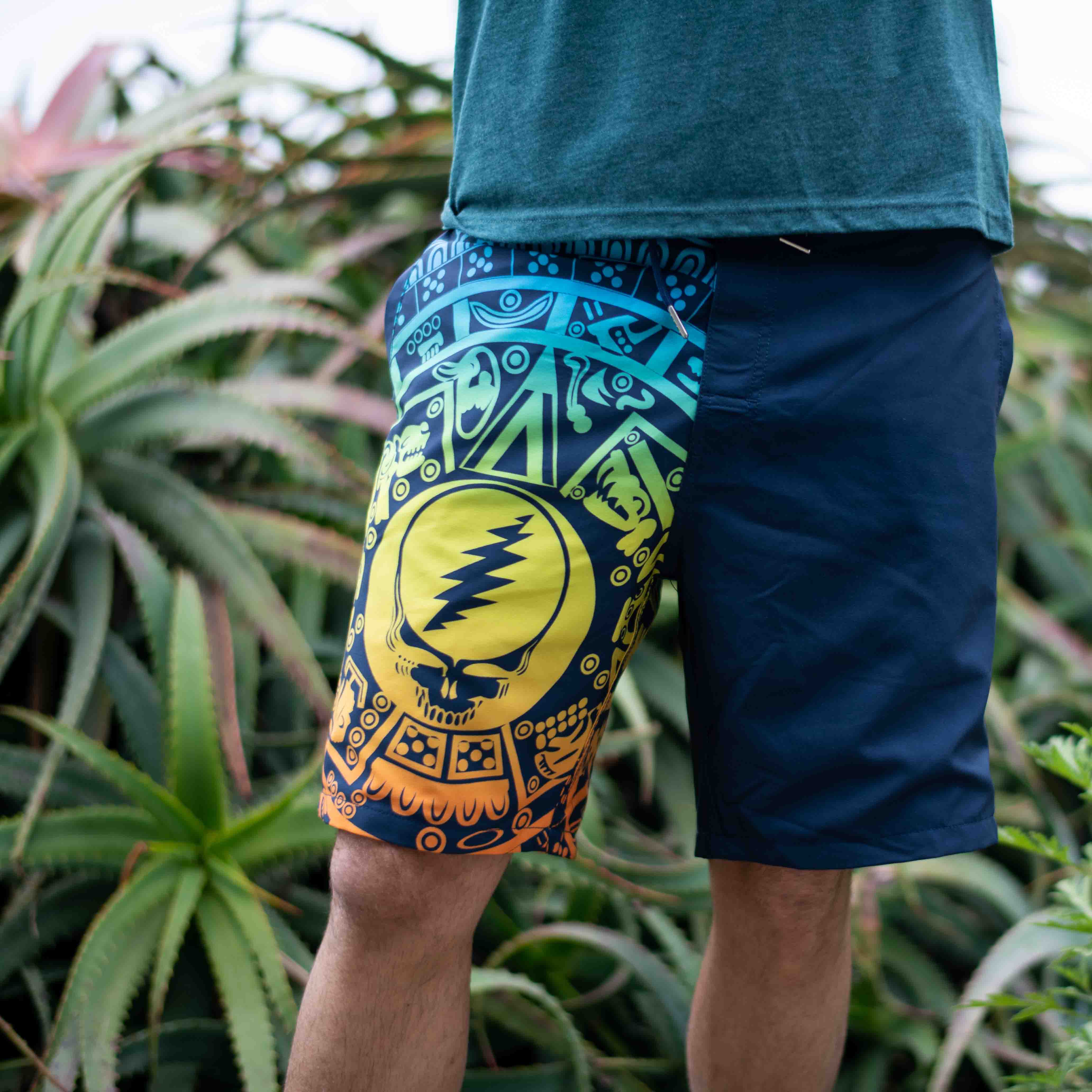 Grateful Dead Board Shorts Mayan Aztec Gradient Teal and Yellow - Section 119
