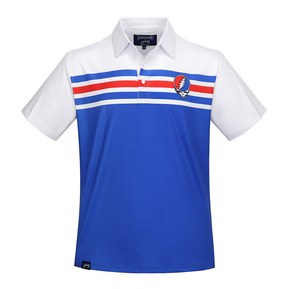 Grateful Dead Dry Fit Polo Stealie in Red White and Blue Stripes - Section 119