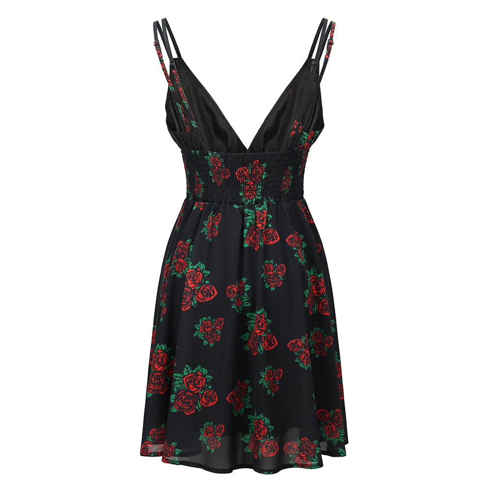 Grateful Dead Asymmetrical V-Neck Mini Dress Roses in Black - Section 119