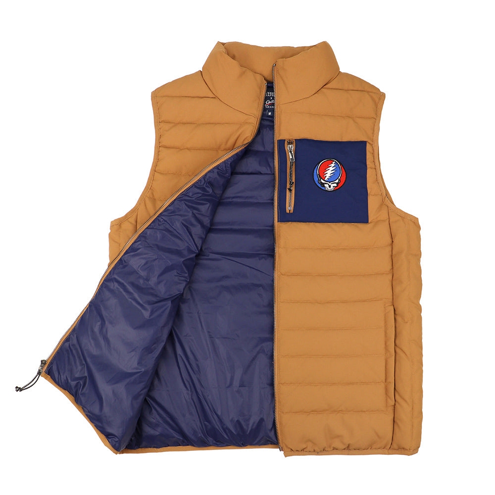 Grateful Dead Puffer Vest With Chest Pocket Stealie In Brown And Navy - Section 119