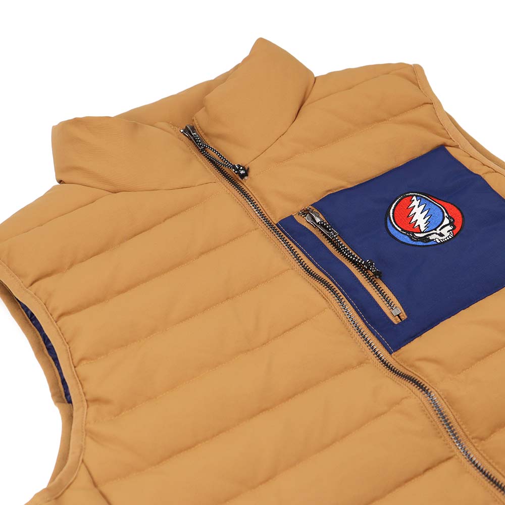 Grateful Dead Puffer Vest With Chest Pocket Stealie In Brown And Navy - Section 119