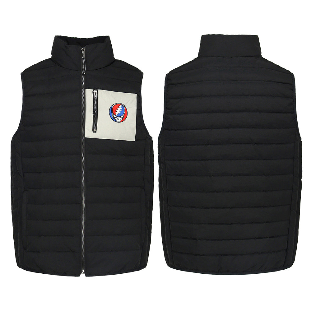 Grateful Dead Puffer Vest With Chest Pocket Stealie In Black And Grey - Section 119