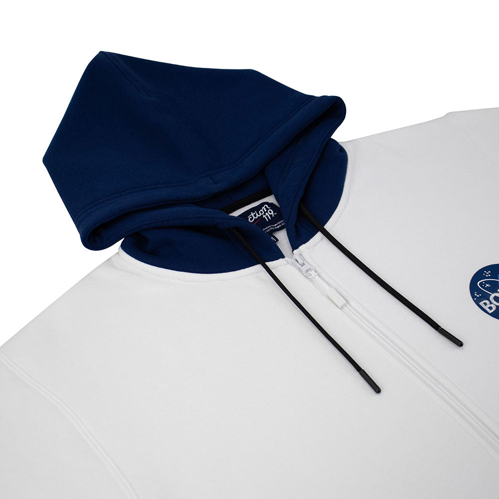 David Bowie White and Navy Zip-Up Hoodie with Bowie Logo - Section 119