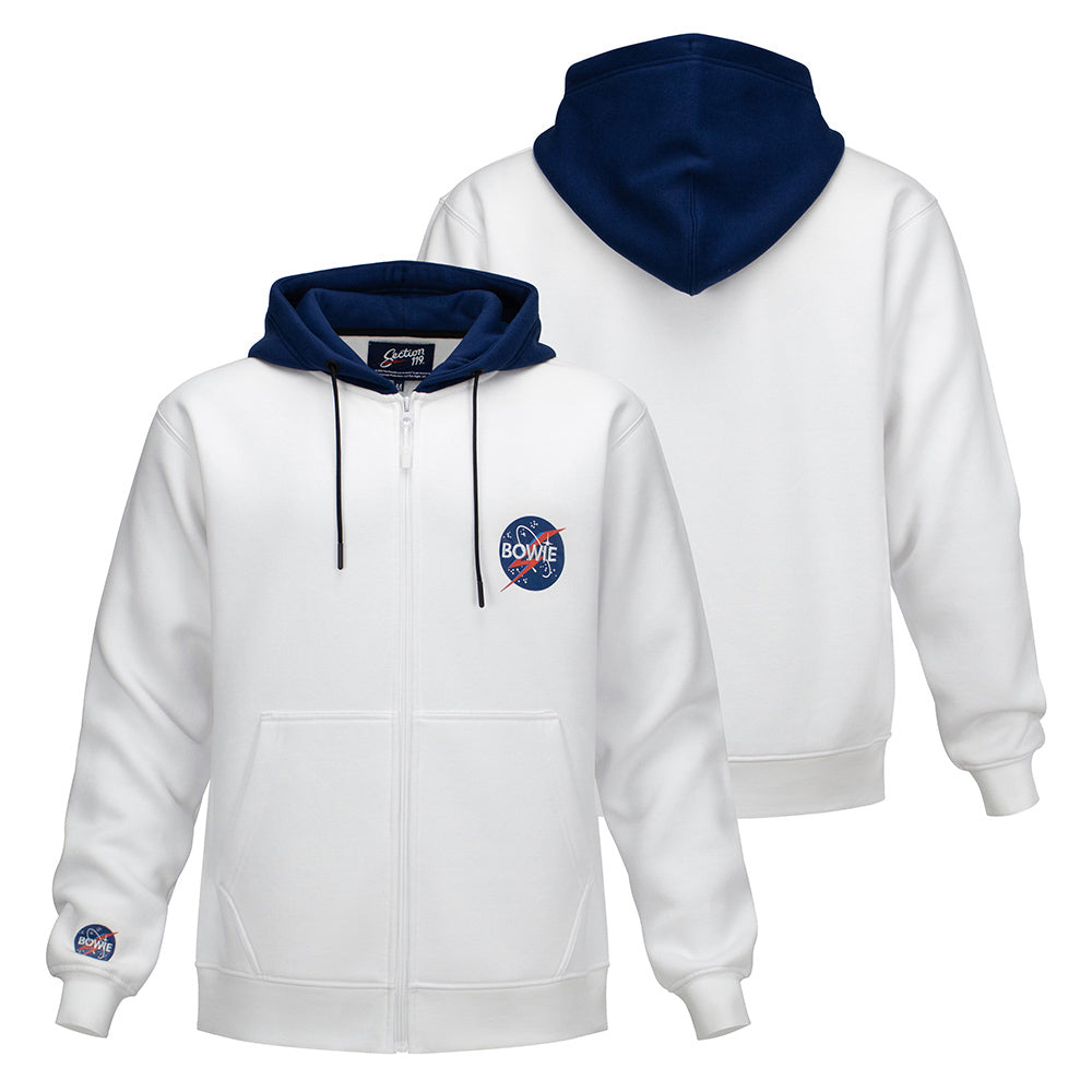 David Bowie White and Navy Zip-Up Hoodie with Bowie Logo - Section 119