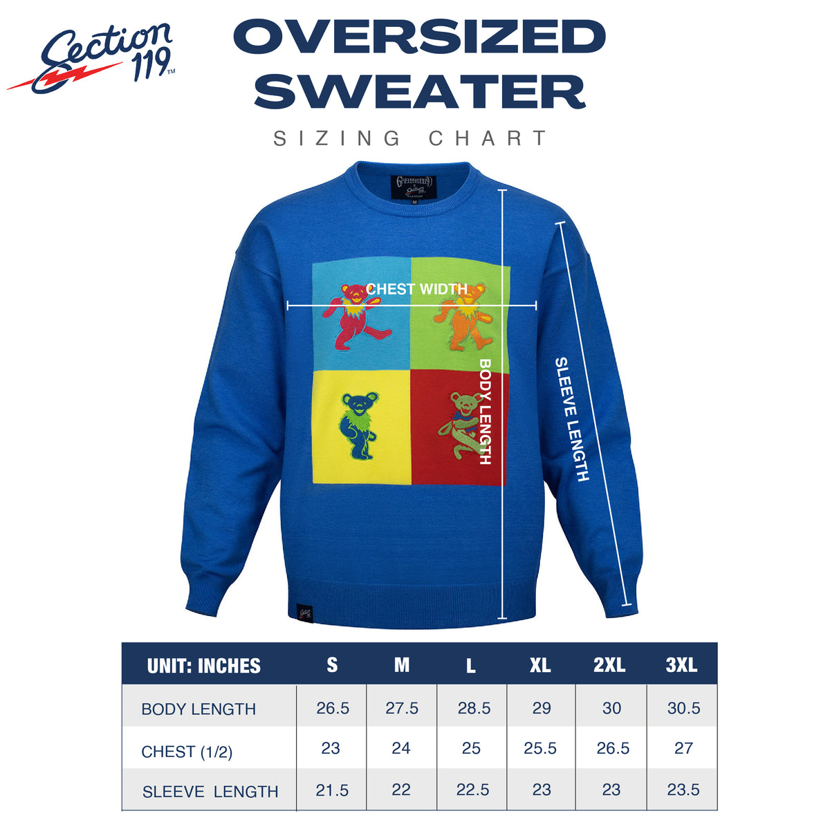 Grateful Dead Oversized Crewneck Sweater Four Sided Dancing Bears in Sky Blue - Section 119