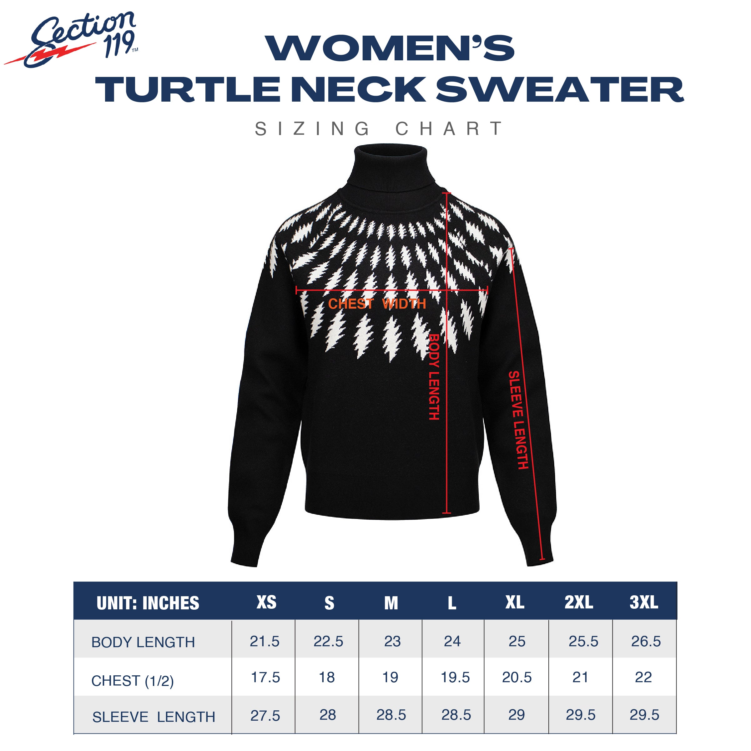 Ships 11/1:  Premium Grateful Dead Womens Turtleneck Fitted Sweater Spiral Bolt In Black And White - Section 119