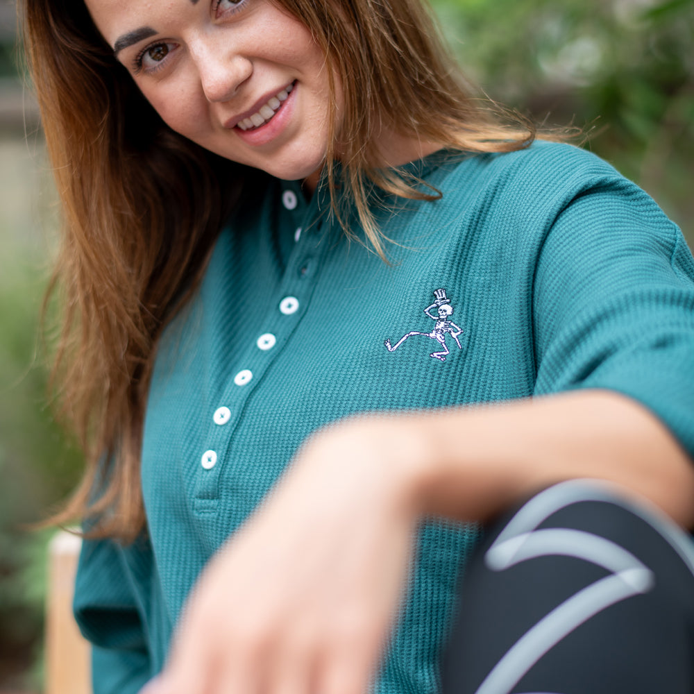 SHIPS 11/1: Grateful Dead Women's Thermal Henley Dark Green Skeleton - Section 119